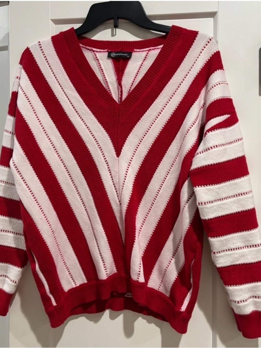 Striped V-Neck Sweater in Red and Light Pink - Women's